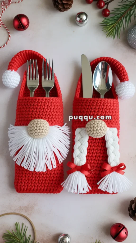 Two crocheted utensil holders designed like gnomes, with one featuring a white beard and the other with white braided hair, each holding forks and spoons. The holders are surrounded by Christmas decorations including pine cones, bells, and greenery.