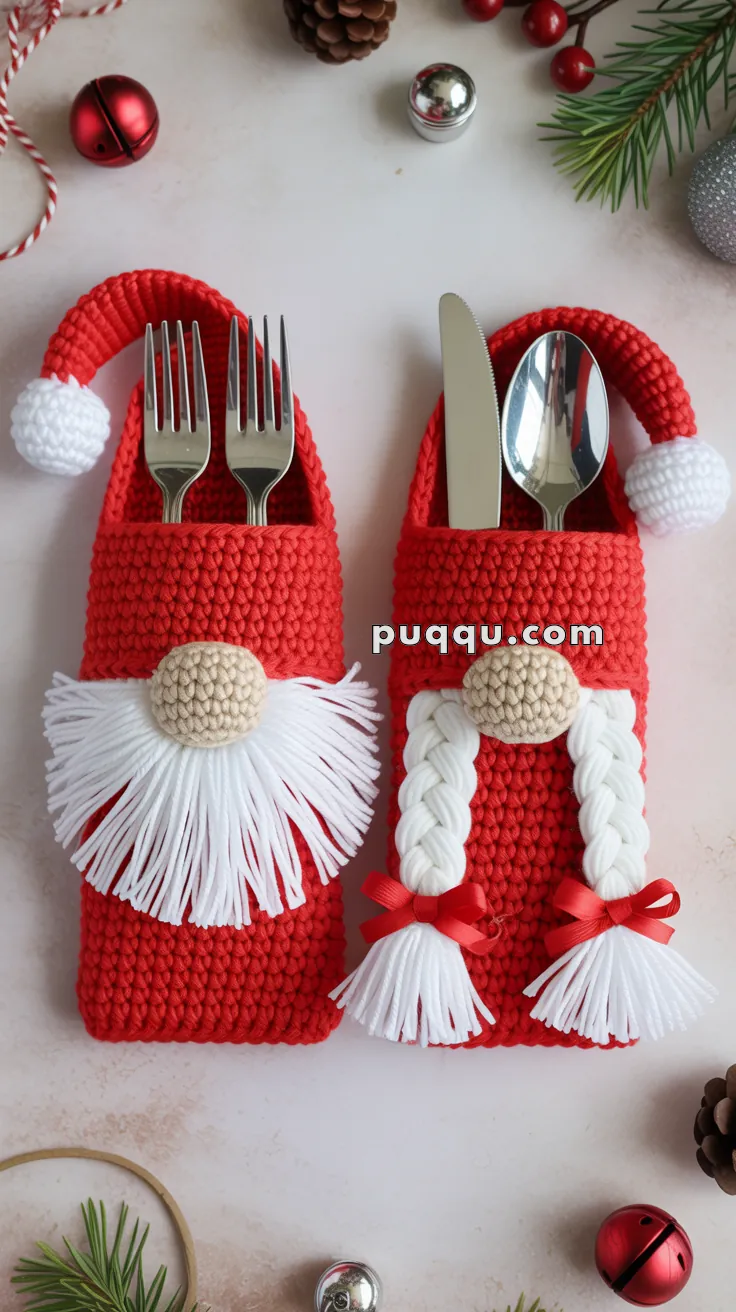 Two crocheted utensil holders designed like gnomes, with one featuring a white beard and the other with white braided hair, each holding forks and spoons. The holders are surrounded by Christmas decorations including pine cones, bells, and greenery.