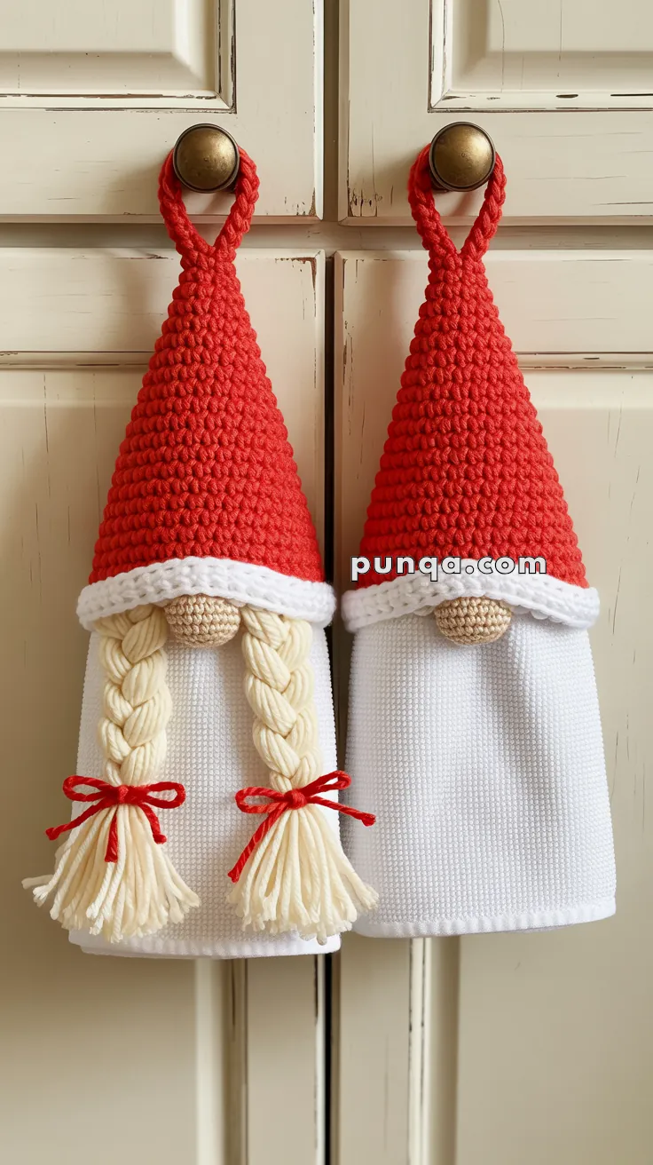Two kitchen towels designed like gnome figures, with red crocheted hats and white fabric bodies; the left one features braided hair tied with red bows.