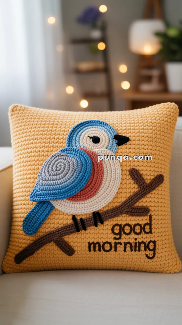 A knitted pillow featuring a colorful bird perched on a branch with the words 'good morning' stitched below, set against a yellow background.