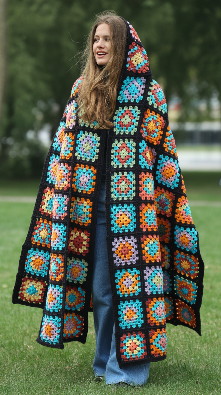 A person standing on grass wearing a colorful crochet patchwork blanket with a hood, featuring various geometric patterns in bright colors like blue, orange, and purple over a black base; they are also wearing blue jeans.