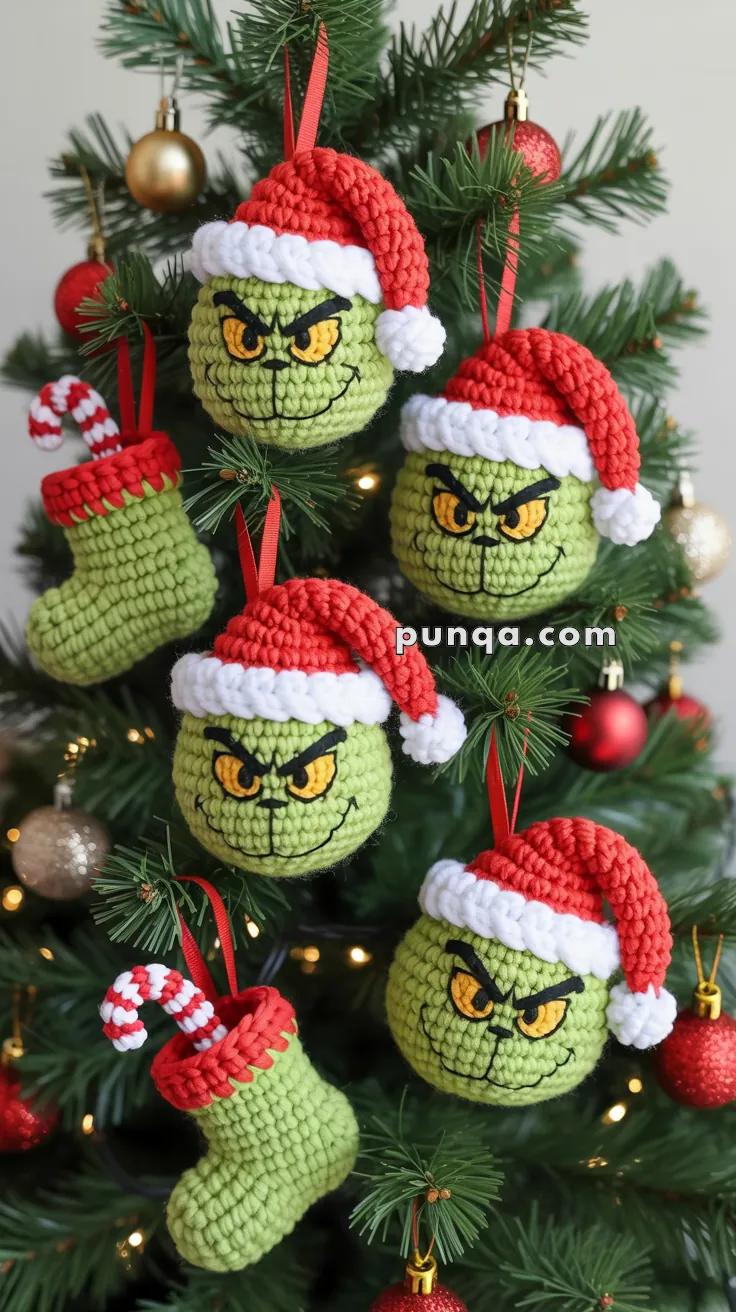 Crocheted Christmas tree ornaments featuring green faces with red Santa hats and expressive eyes, along with green stockings with candy canes, hanging on a decorated tree.