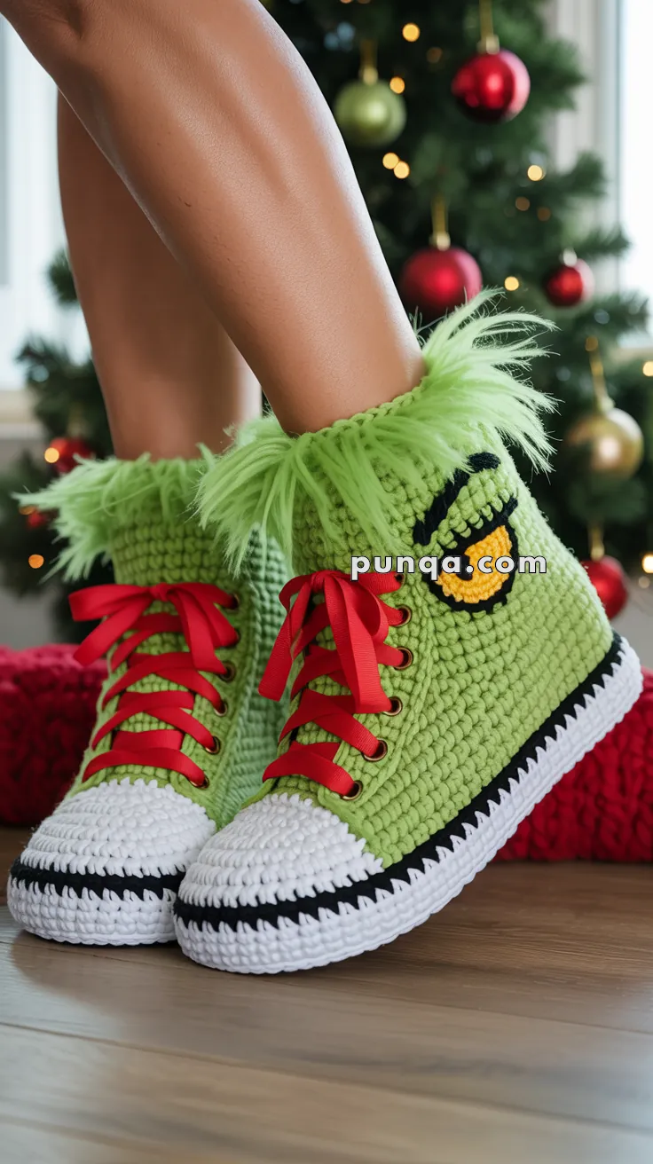 A pair of green crochet slippers with red laces and white soles, styled to resemble sneakers, being worn in front of a decorated Christmas tree with red and green ornaments.