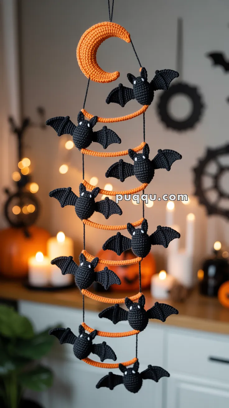 A handmade hanging decoration featuring a crescent moon and several crocheted black bats with orange accents, set against a blurred background with lit candles and pumpkins, creating a cozy Halloween atmosphere.