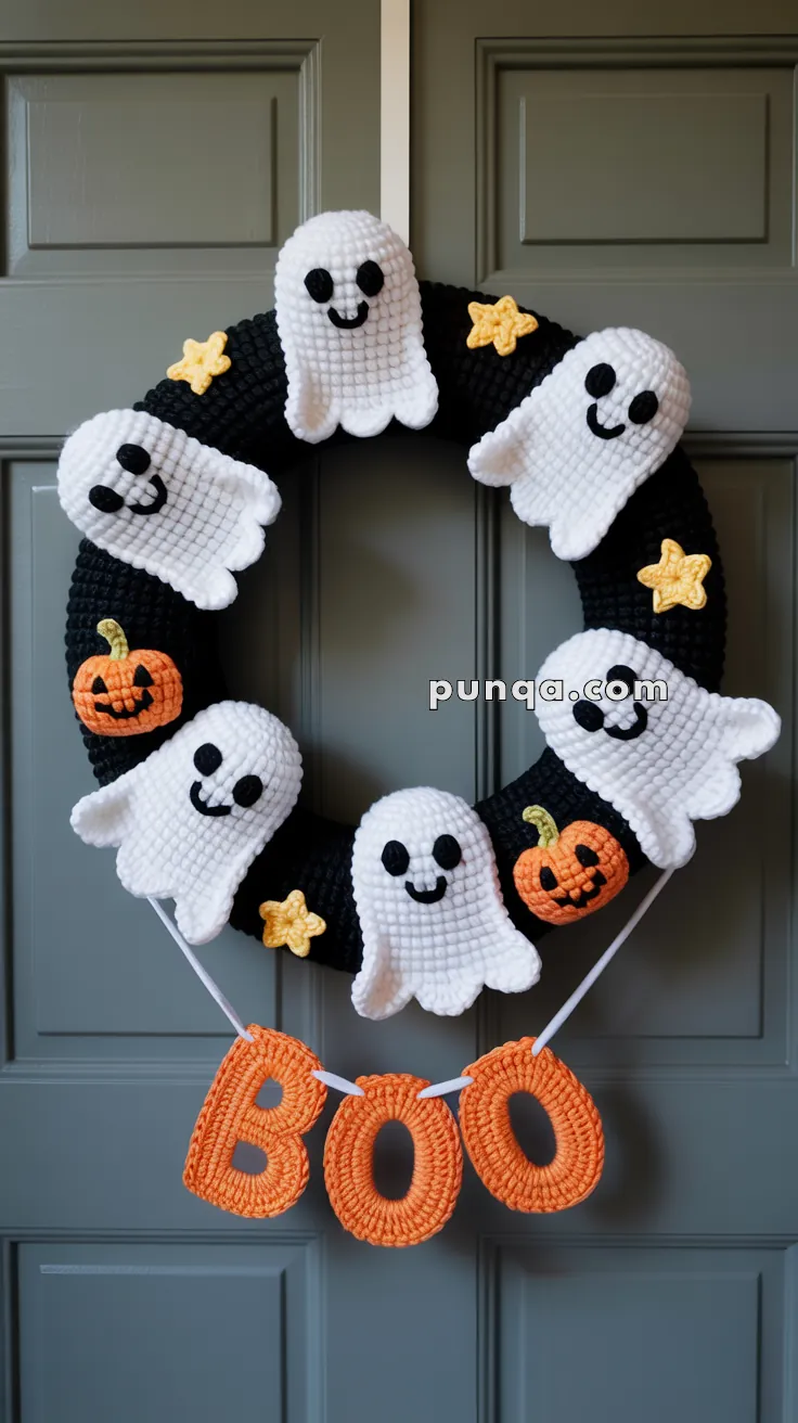 A Halloween wreath with crocheted white ghosts and orange pumpkins attached to a black circular base, with yellow stars scattered around. Hanging from the wreath are orange crocheted letters spelling "BOO."