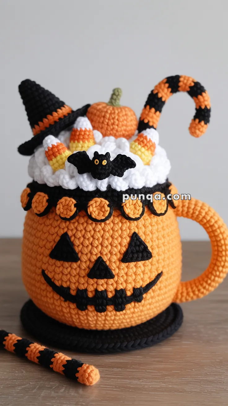 A crocheted Halloween-themed mug with a jack-o'-lantern face, topped with a witch hat, candy corn, a small pumpkin, and a bat. The mug also features black and orange striped details and a handle.