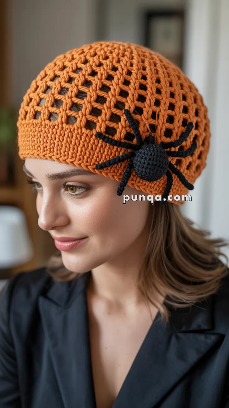 A person wearing an orange crocheted beanie adorned with a black knitted spider decoration, gazing to the side with a slight smile.