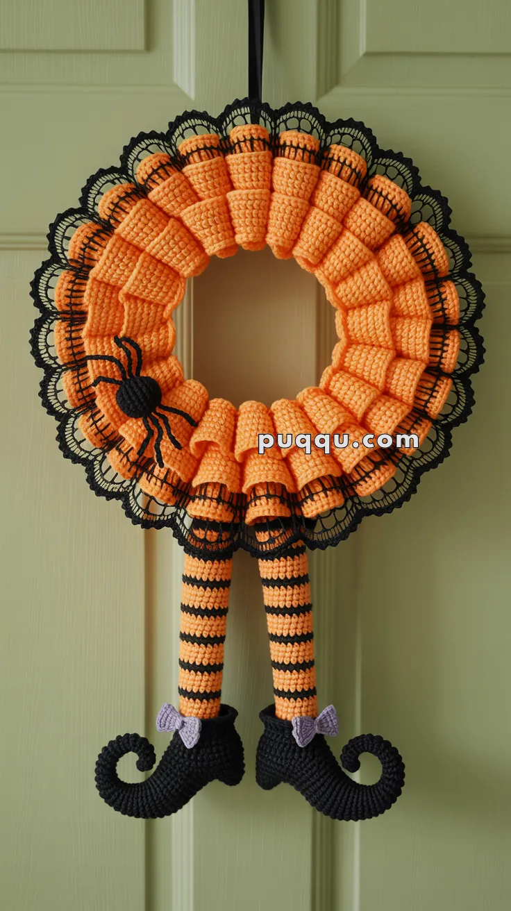A Halloween-themed crocheted wreath featuring orange and black yarn with a lace edge, adorned with a crocheted spider. Hanging from it are crochet witch legs with orange and black striped stockings and black curled shoes with purple bows.