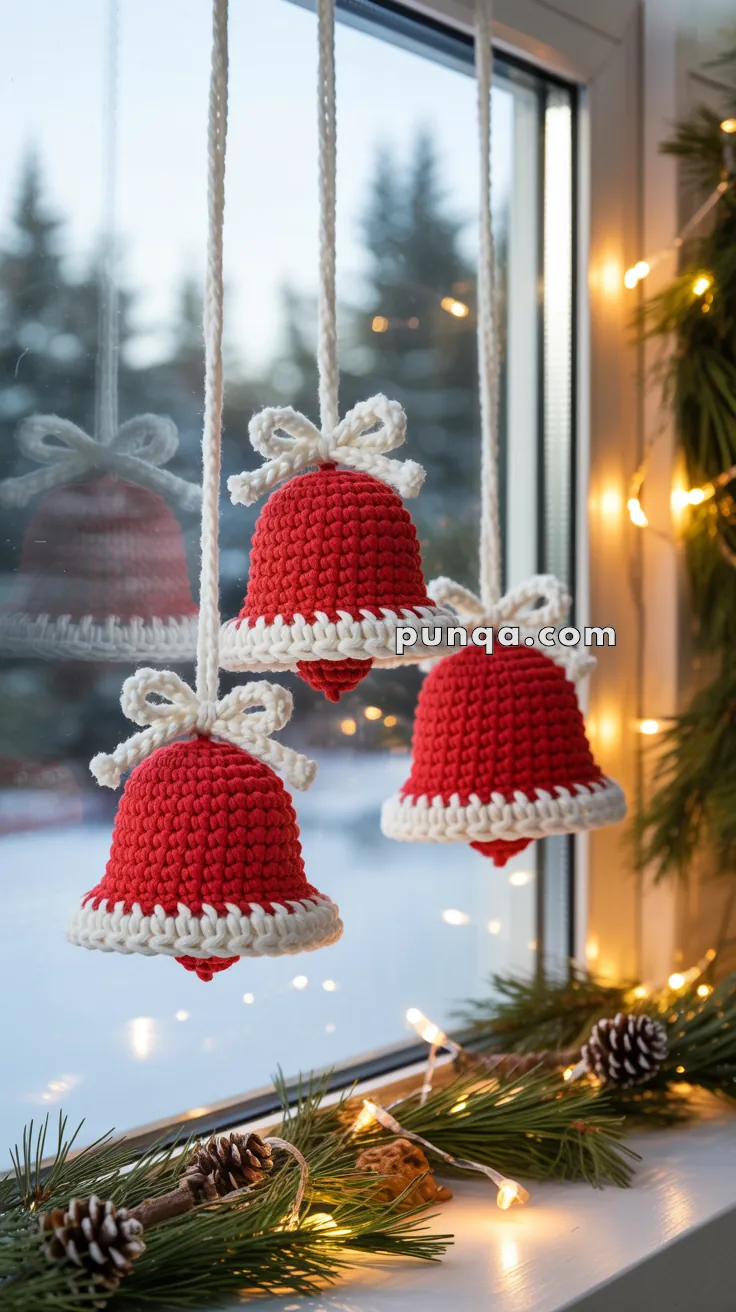 Three crocheted red bells with white trim hang in front of a window, adorned with white bows and surrounded by festive pine garland and lights.