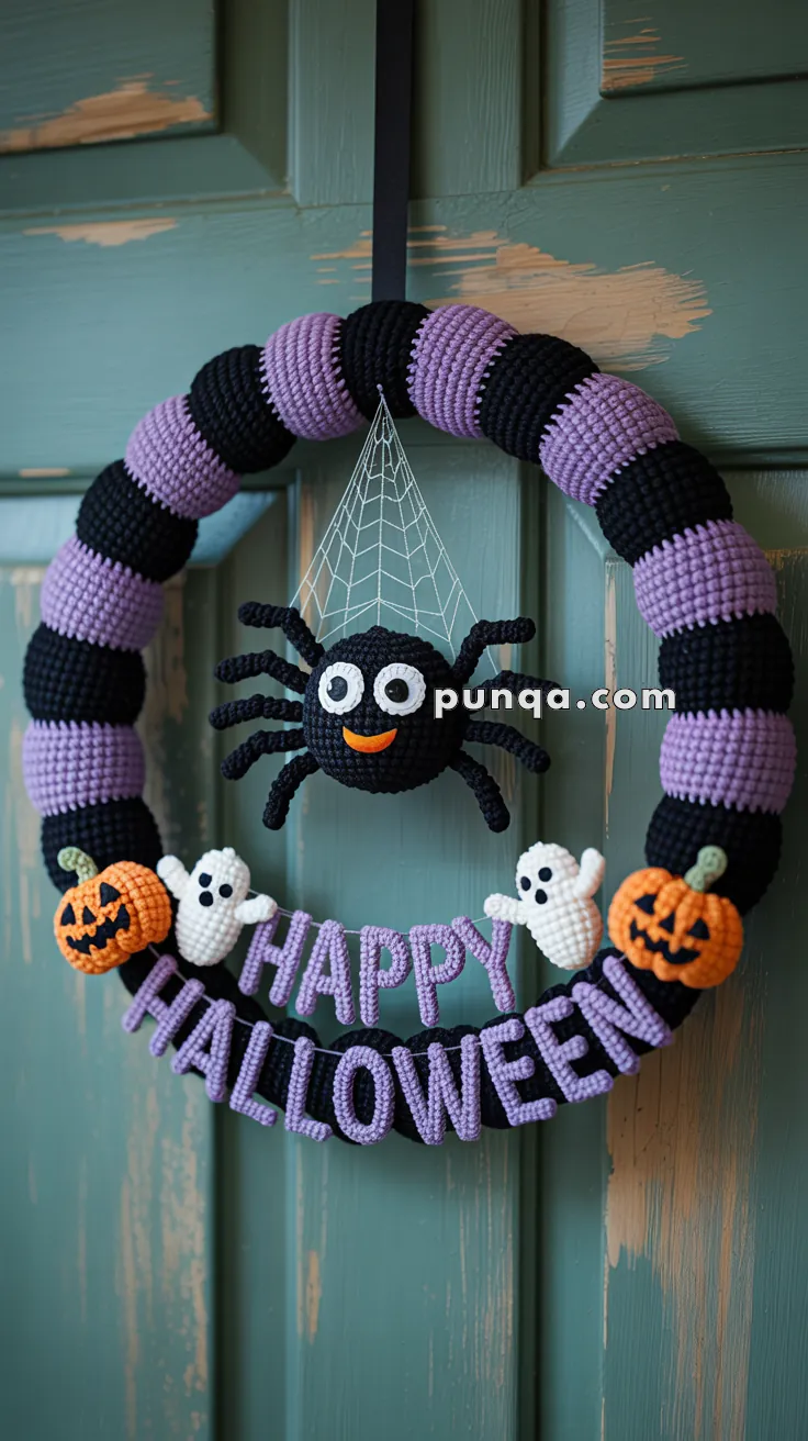A crocheted Halloween wreath featuring alternating purple and black sections. A friendly crochet spider hangs from a web in the center, surrounded by small crochet pumpkins and ghosts. The words "Happy Halloween" are spelled out in purple letters at the bottom of the wreath.