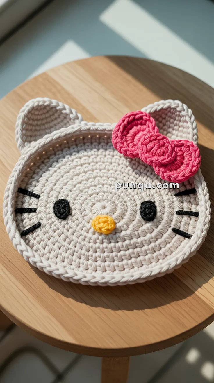 A crocheted coaster shaped like a cat's face with black eyes, a yellow nose, pink bow, and whiskers, set on a wooden surface.