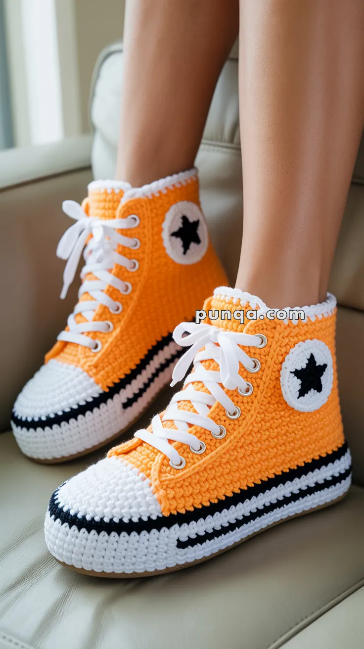 A pair of orange crochet sneakers with white laces and black star patterns, worn by a person sitting on a beige couch.
