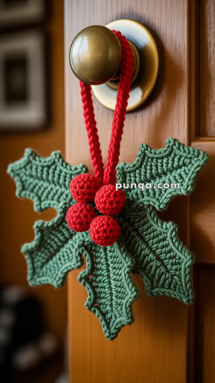 A decorative door hanger with green crocheted holly leaves and red berries hanging from a red cord on a brass doorknob.