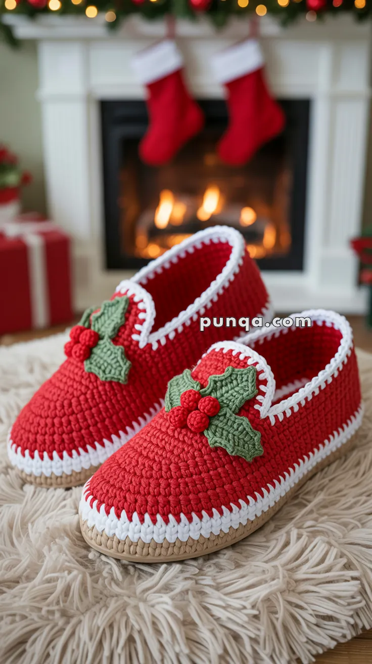A pair of red crocheted slippers with green holly and red berries decoration, placed on a fuzzy rug in front of a fireplace with Christmas stockings and decorations.