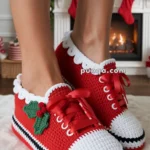 Red and white crocheted slippers designed like sneakers with ribbon laces and holly decorations on the side, worn in front of a festive fireplace setting.