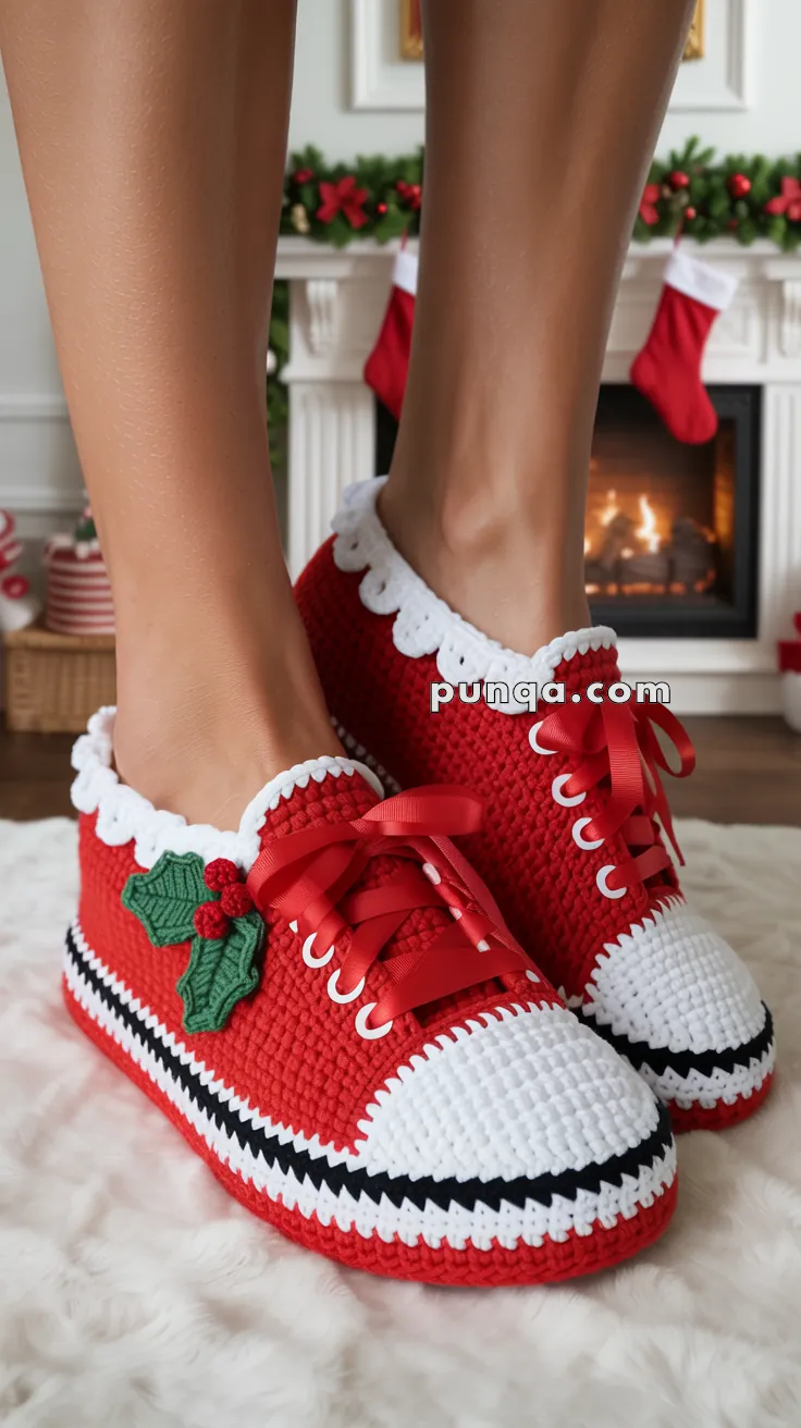 Red and white crocheted slippers designed like sneakers with ribbon laces and holly decorations on the side, worn in front of a festive fireplace setting.