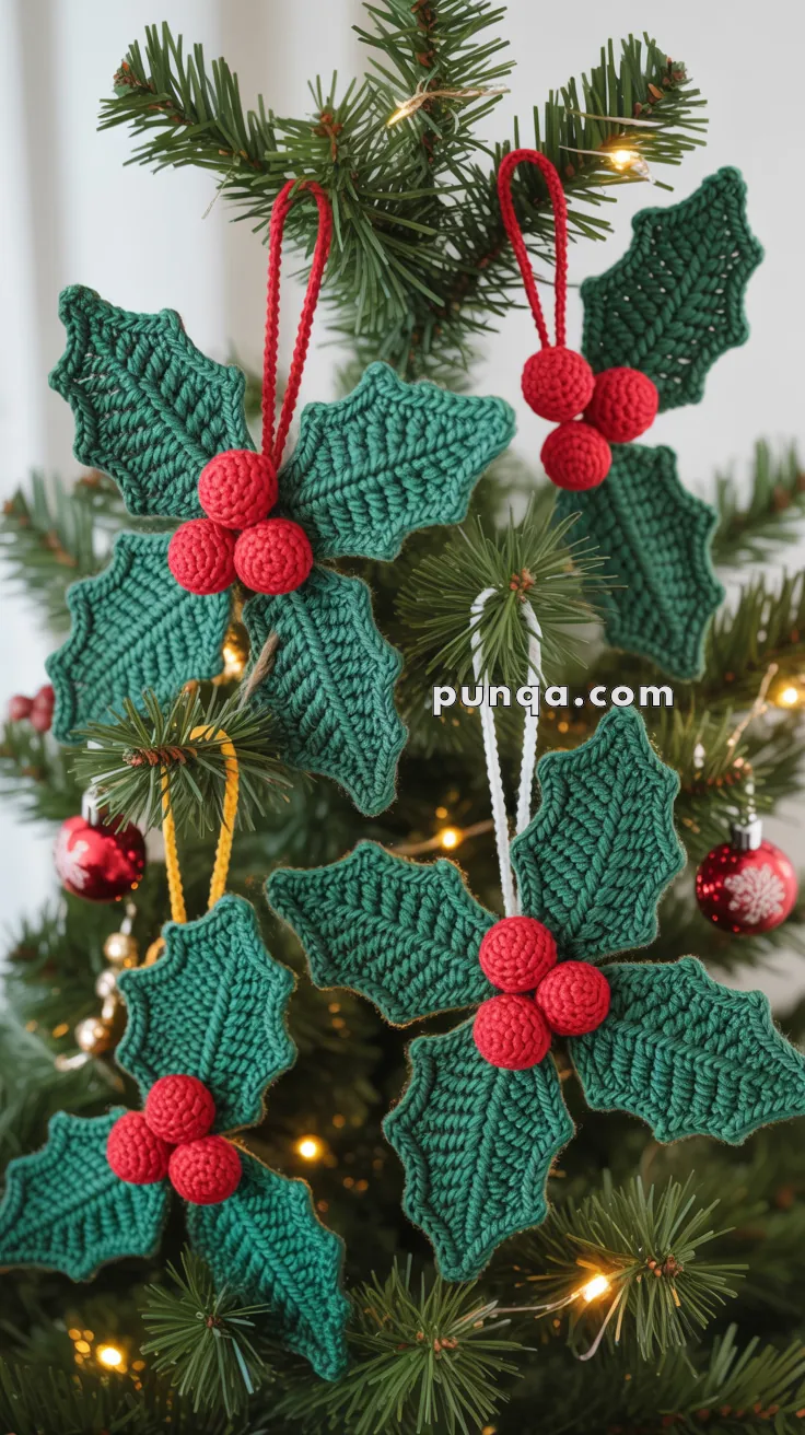 Crocheted green holly leaves with red berries hanging as ornaments on a Christmas tree.