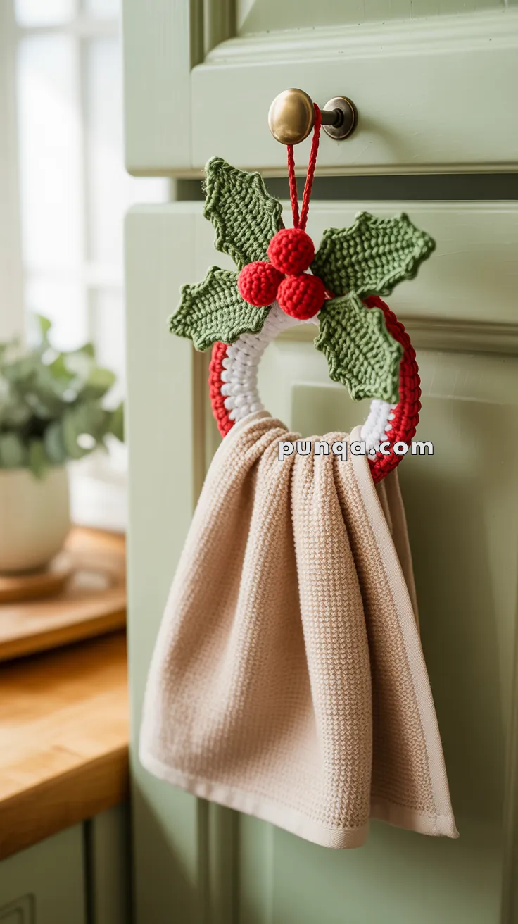 A beige kitchen towel hangs from a crocheted Christmas-themed ring adorned with green leaves and red berries, attached to a cabinet door handle.