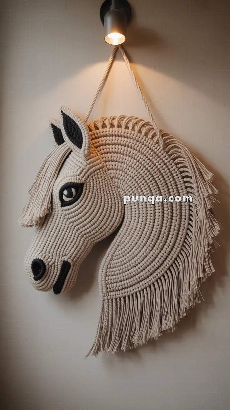 A macrame wall hanging in the shape of a horse's head, with detailed woven features and fringe-like mane, illuminated by an overhead light.