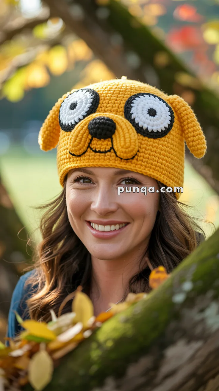 A woman smiling while wearing a crocheted hat resembling a cartoon character with large eyes and floppy ears, standing outdoors among autumn leaves.