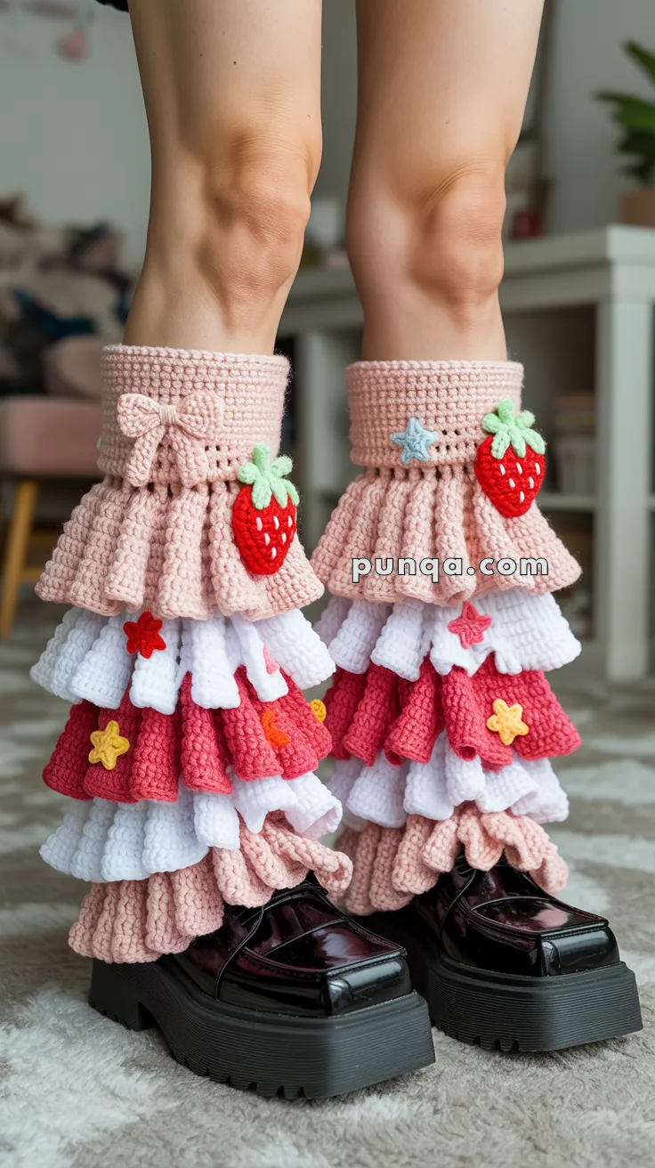 Person wearing colorful crochet leg warmers with strawberry and bow decorations, paired with black platform shoes.