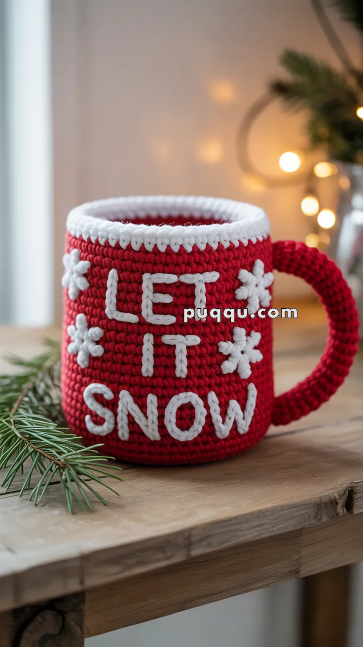 A red knitted mug with the words "LET IT SNOW" and white snowflake decorations, resting on a wooden surface with pine branches and blurred lights in the background.