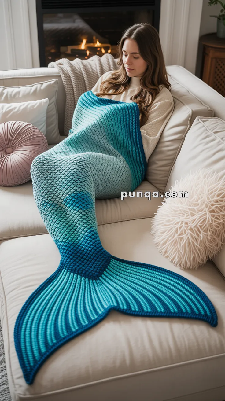 A woman sitting on a sofa, wrapped in a blue and teal mermaid tail blanket, with a cozy fireplace in the background.