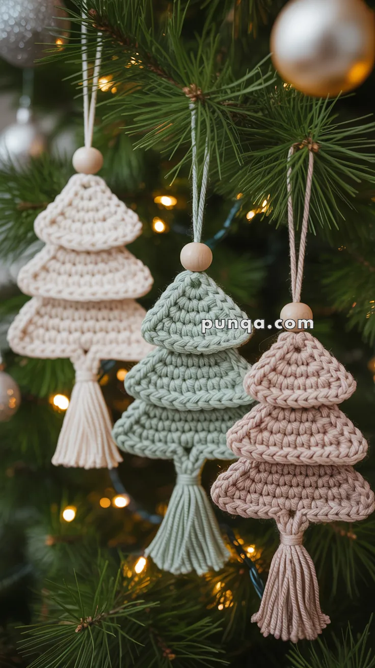 Three crochet Christmas tree ornaments in cream, green, and pink hanging on a pine tree with a beaded loop.