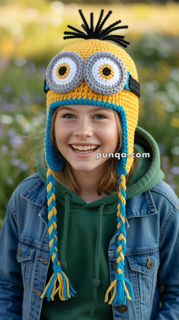 A smiling child wearing a crocheted hat designed to resemble a Minion, with yellow, blue, and black details, including large goggle-like eyes and ear flaps with braided tassels. The child is also wearing a green hoodie and a denim jacket, standing outdoors with a blurred natural background.