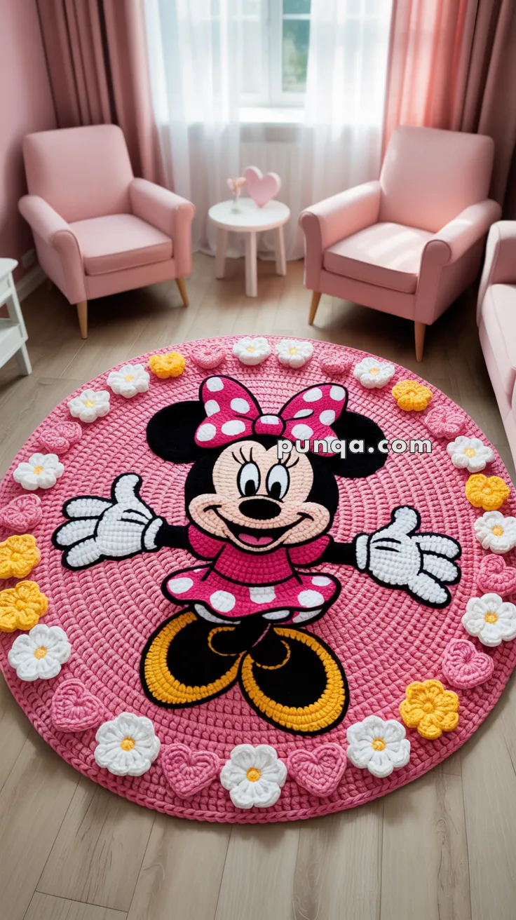 A pink living room with two pink armchairs and a round rug featuring a cartoon mouse character wearing a pink polka-dot dress and bow, surrounded by crocheted flowers and hearts.