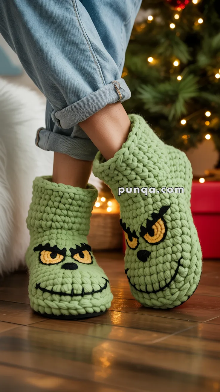 Person wearing green crochet slippers with a grinning face design, standing on a wooden floor near a Christmas tree with lights.
