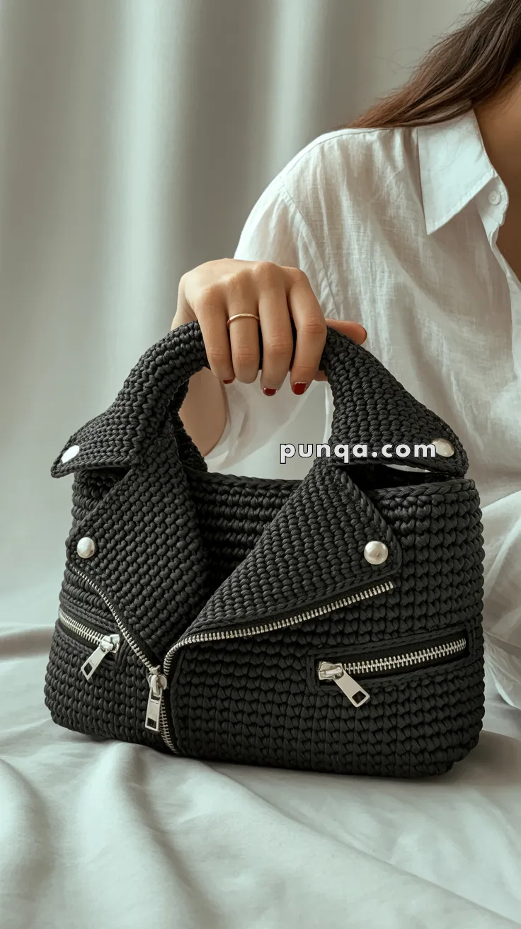 A person wearing a white shirt holds a stylish black woven handbag with zipper details and button accents, designed to resemble a biker jacket.