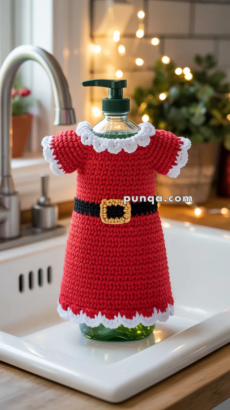 A dish soap bottle dressed in a crocheted Santa-style outfit with a red dress, white frilled collar and sleeves, and a black belt with a yellow buckle, placed in a kitchen sink with decorative lights in the background.