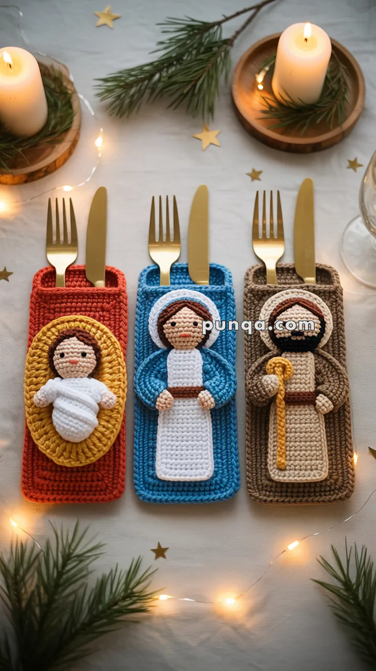 Three crocheted utensil holders resembling nativity figures containing gold knives and forks, placed on a decorated table with candles and pine branches.