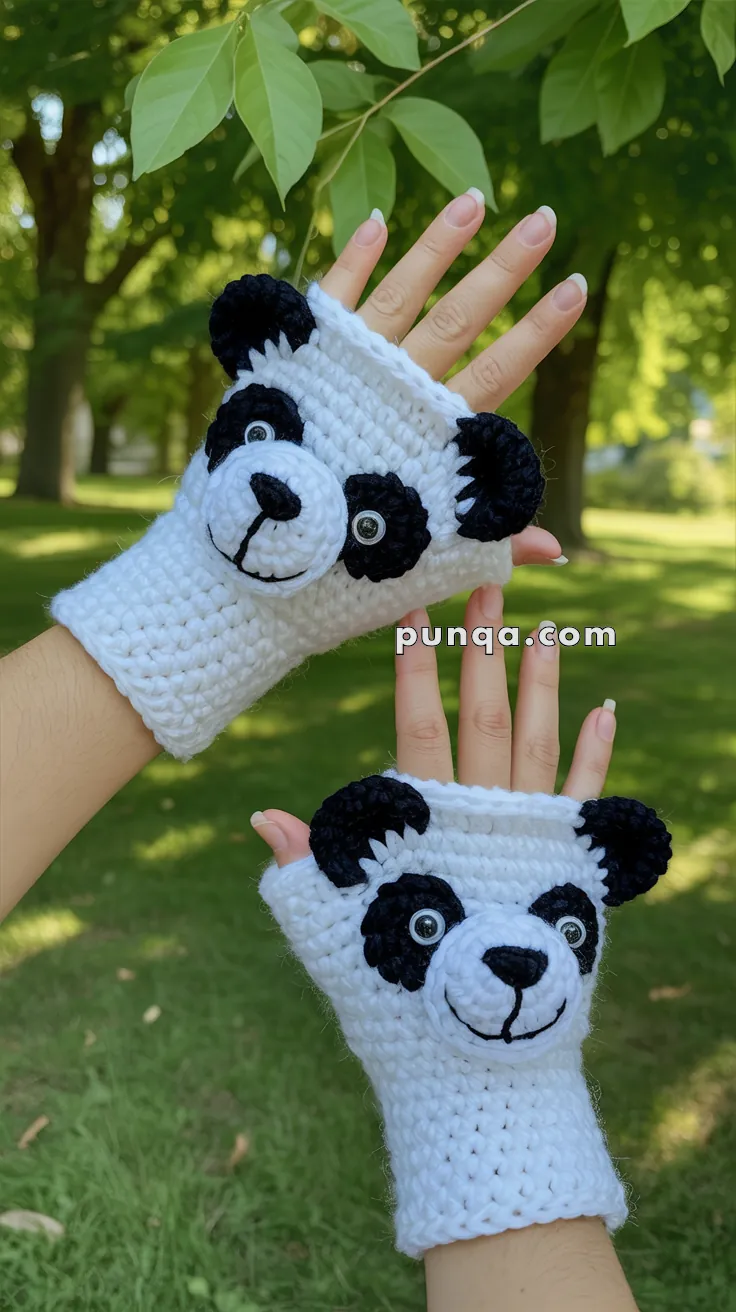 Two hands wearing crocheted white and black panda-themed fingerless gloves, with a forest background.