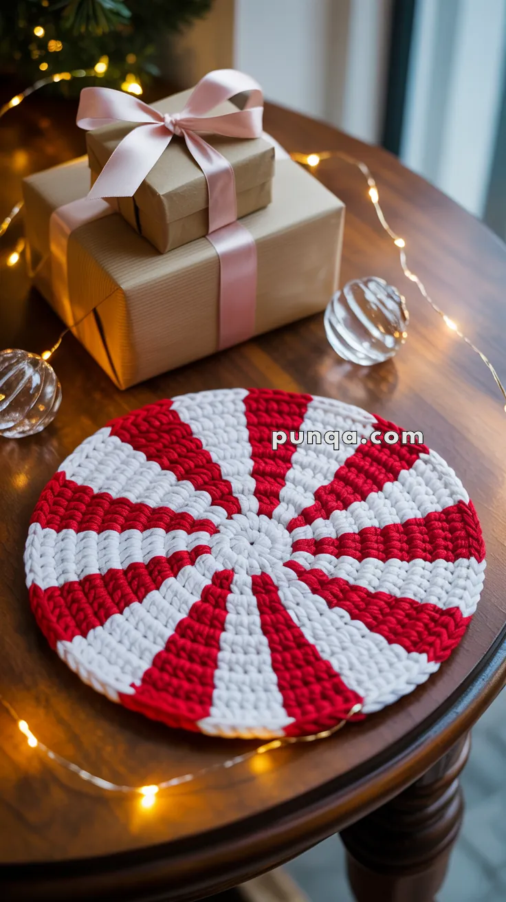 A red and white crocheted round mat resembling a peppermint candy on a wooden table, with wrapped gifts tied with pink ribbons and decorative string lights in the background.