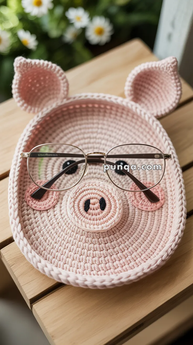 A crocheted pink pig face dish with round glasses placed over it, sitting on a wooden surface with small flowers in the background.