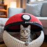 A grey tabby cat sitting comfortably inside a knitted cat bed shaped like a red and white Poké Ball, with its head sticking out and looking forward. The cat bed is set in a cozy living room with soft lighting and a sofa in the background.