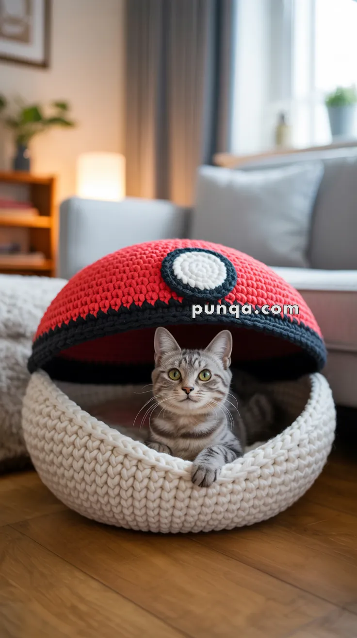 A grey tabby cat sitting comfortably inside a knitted cat bed shaped like a red and white Poké Ball, with its head sticking out and looking forward. The cat bed is set in a cozy living room with soft lighting and a sofa in the background.