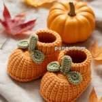 Cute knitted baby booties designed to look like pumpkins with green leaves, placed next to a small pumpkin and autumn leaves on a soft fabric background.