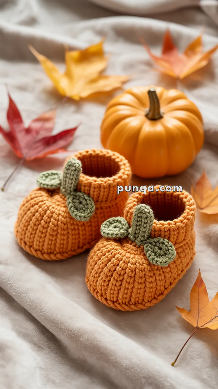 Cute knitted baby booties designed to look like pumpkins with green leaves, placed next to a small pumpkin and autumn leaves on a soft fabric background.