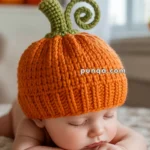 A baby sleeping on its stomach wearing an orange knitted pumpkin hat with a green curly stem.
