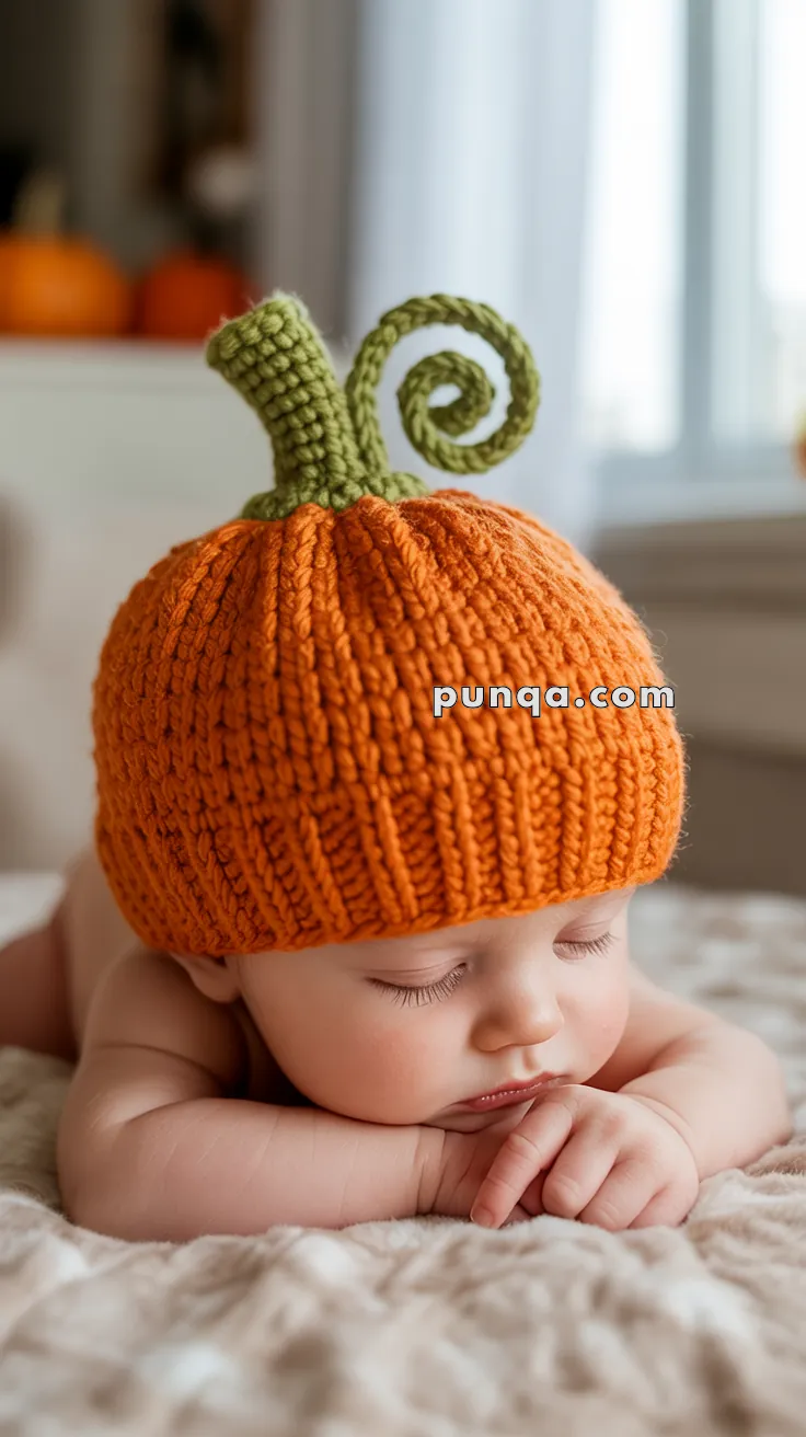 A baby sleeping on its stomach wearing an orange knitted pumpkin hat with a green curly stem.