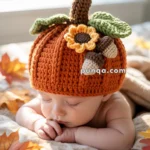 A baby sleeping peacefully while wearing a crocheted pumpkin-themed hat with decorative leaves and flowers, surrounded by autumn leaves on a soft blanket.