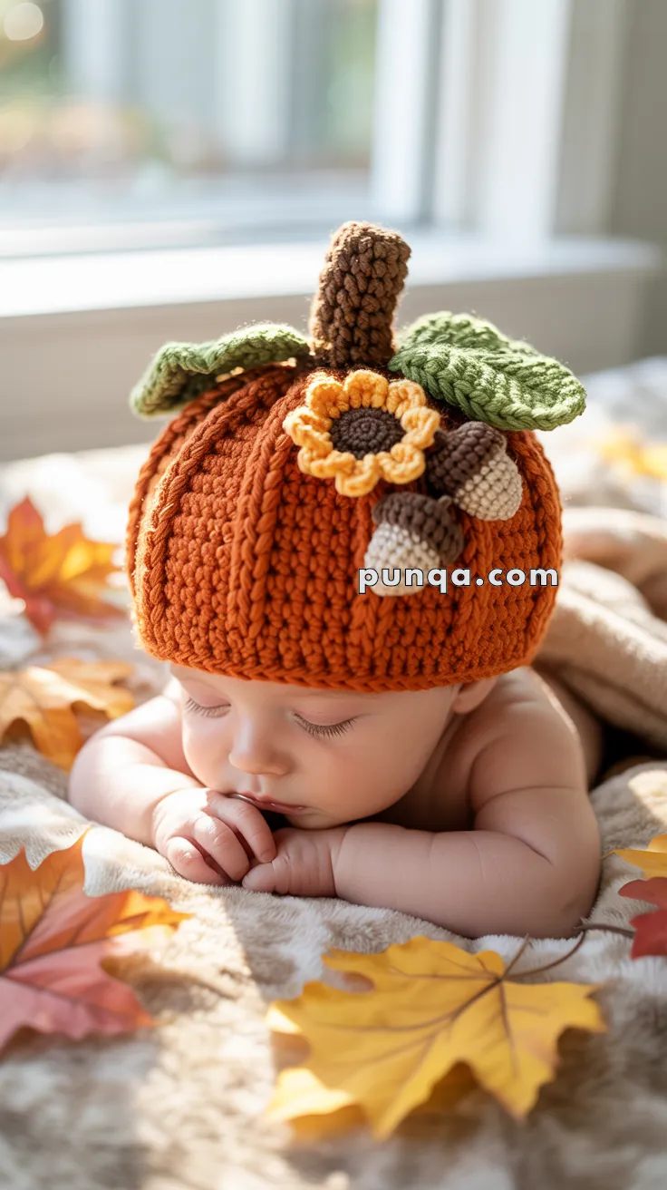 A baby sleeping peacefully while wearing a crocheted pumpkin-themed hat with decorative leaves and flowers, surrounded by autumn leaves on a soft blanket.