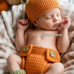 A baby peacefully sleeps in a knitted pumpkin costume, featuring an orange hat with green tendrils, matching diaper cover, and booties.