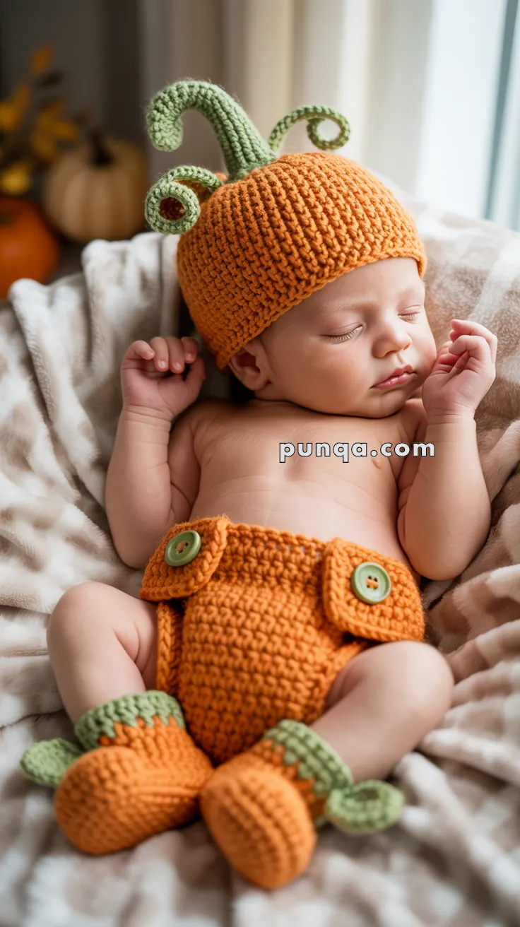 A baby peacefully sleeps in a knitted pumpkin costume, featuring an orange hat with green tendrils, matching diaper cover, and booties.