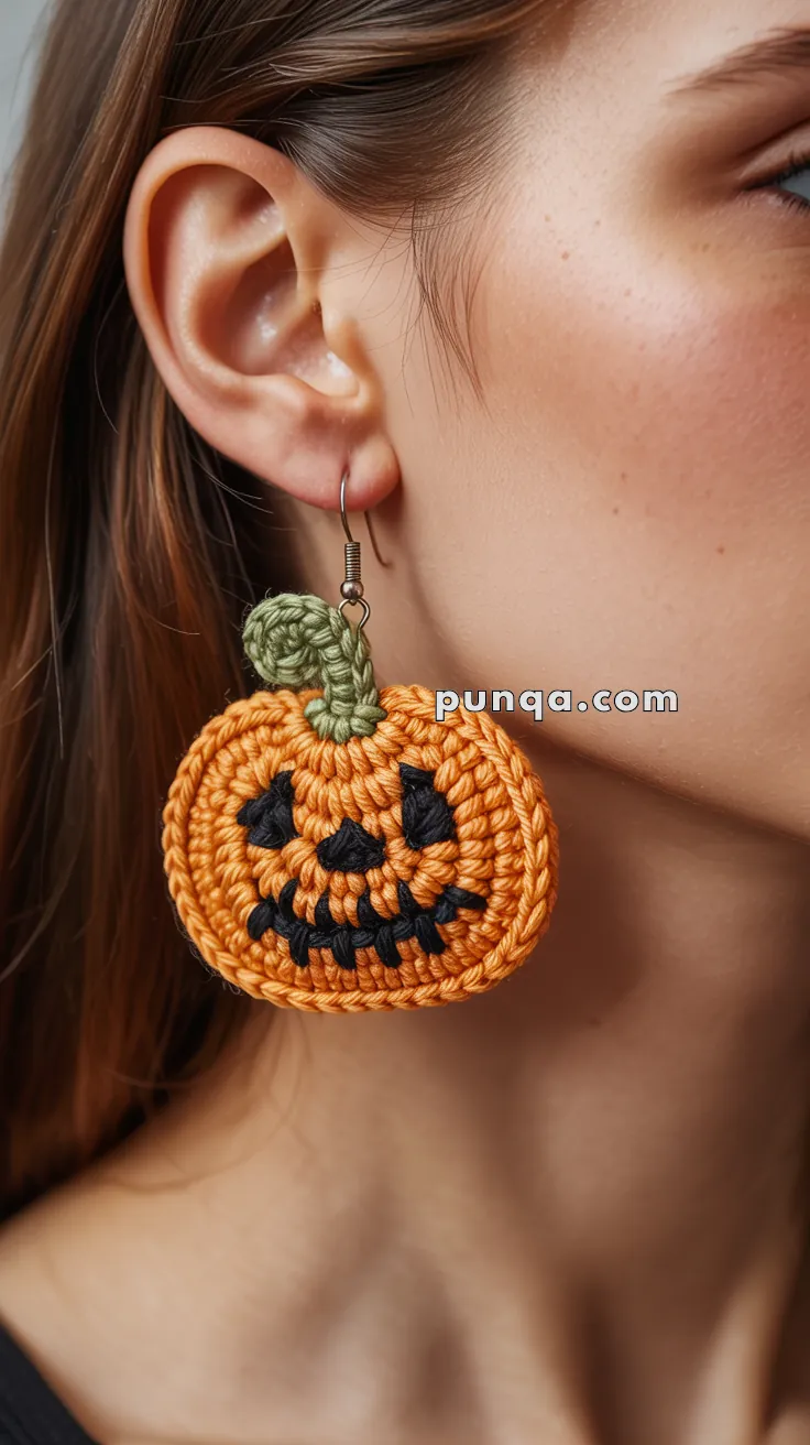 A close-up of a woman's ear wearing a crochet pumpkin earring with a smiling face design, featuring black eyes and mouth, with a green stem loop at the top.