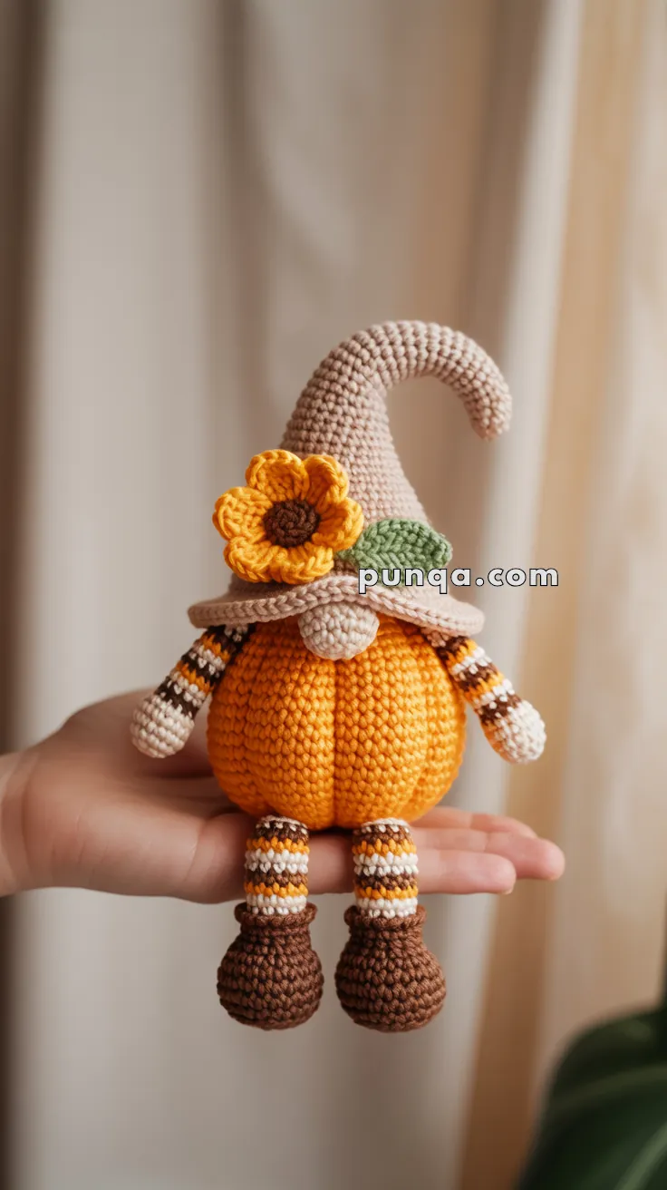 Hand holding a crocheted doll designed as a gnome with a pumpkin body. The doll has a pointed hat adorned with a yellow flower.