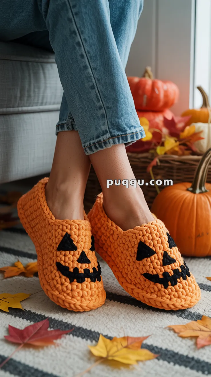 Person wearing orange crochet slippers with jack-o'-lantern faces, surrounded by autumn leaves and pumpkins.